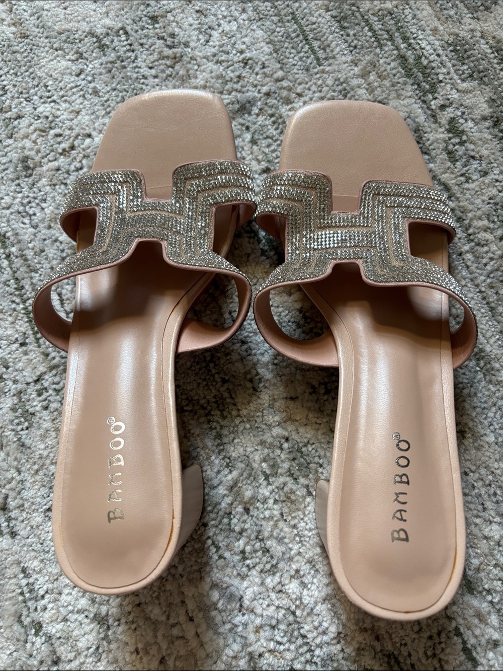BAMBOO Blush Nude Rhinestone Slide Sandals